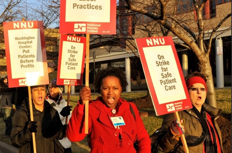nurses protest with picket signs