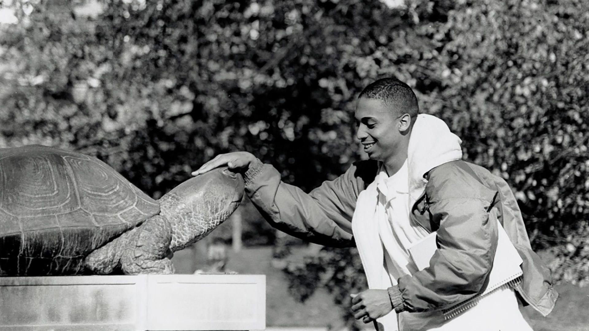 Rubbing Testudo's nose for luck, University of Maryland, April 14, 1994