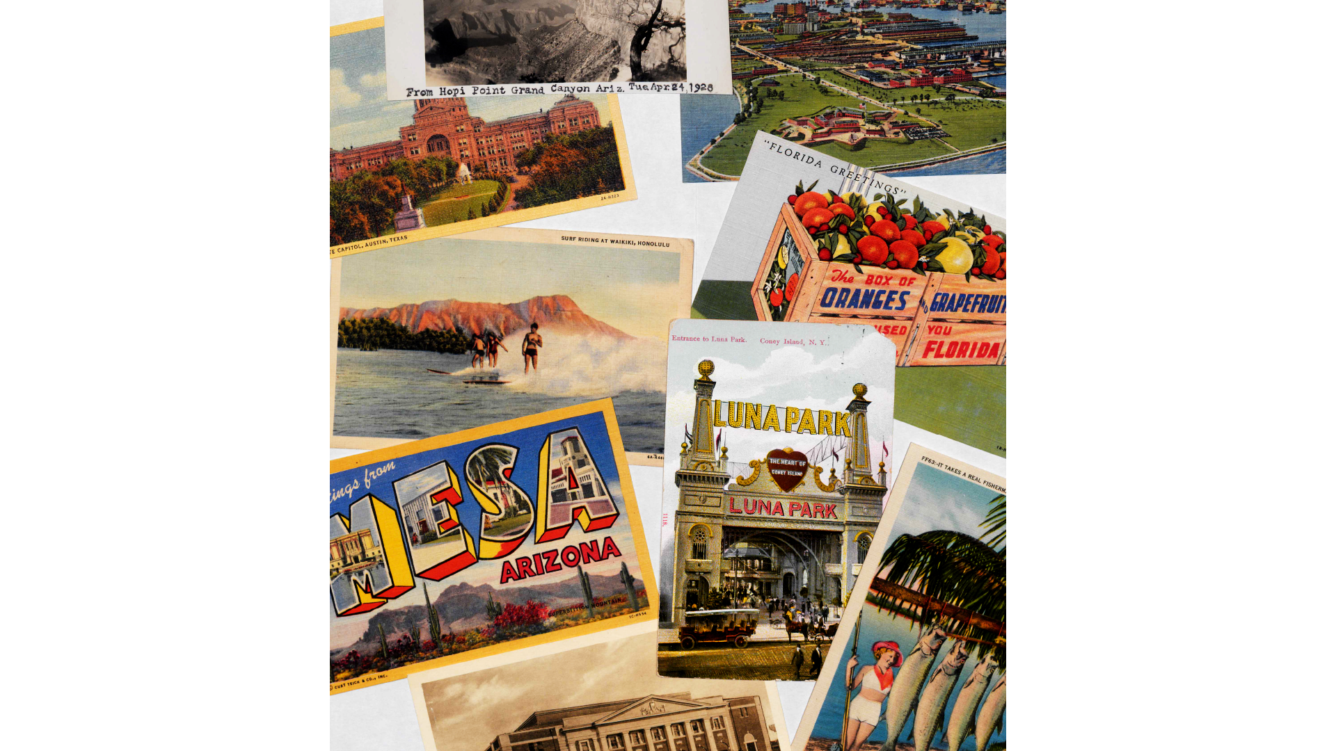 Image depicting nine postcards with scenes from Austin (TX), College Park (MD), Waikiki (HI), Mesa (AZ), Coney Island, Fort McHenry, the Grand Canyon, and two images from Florida. The postcards range in date from the 1900s to the 1950s.
