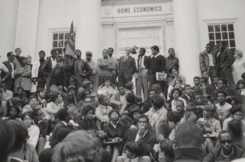 Crowd gathered around Home Economics building