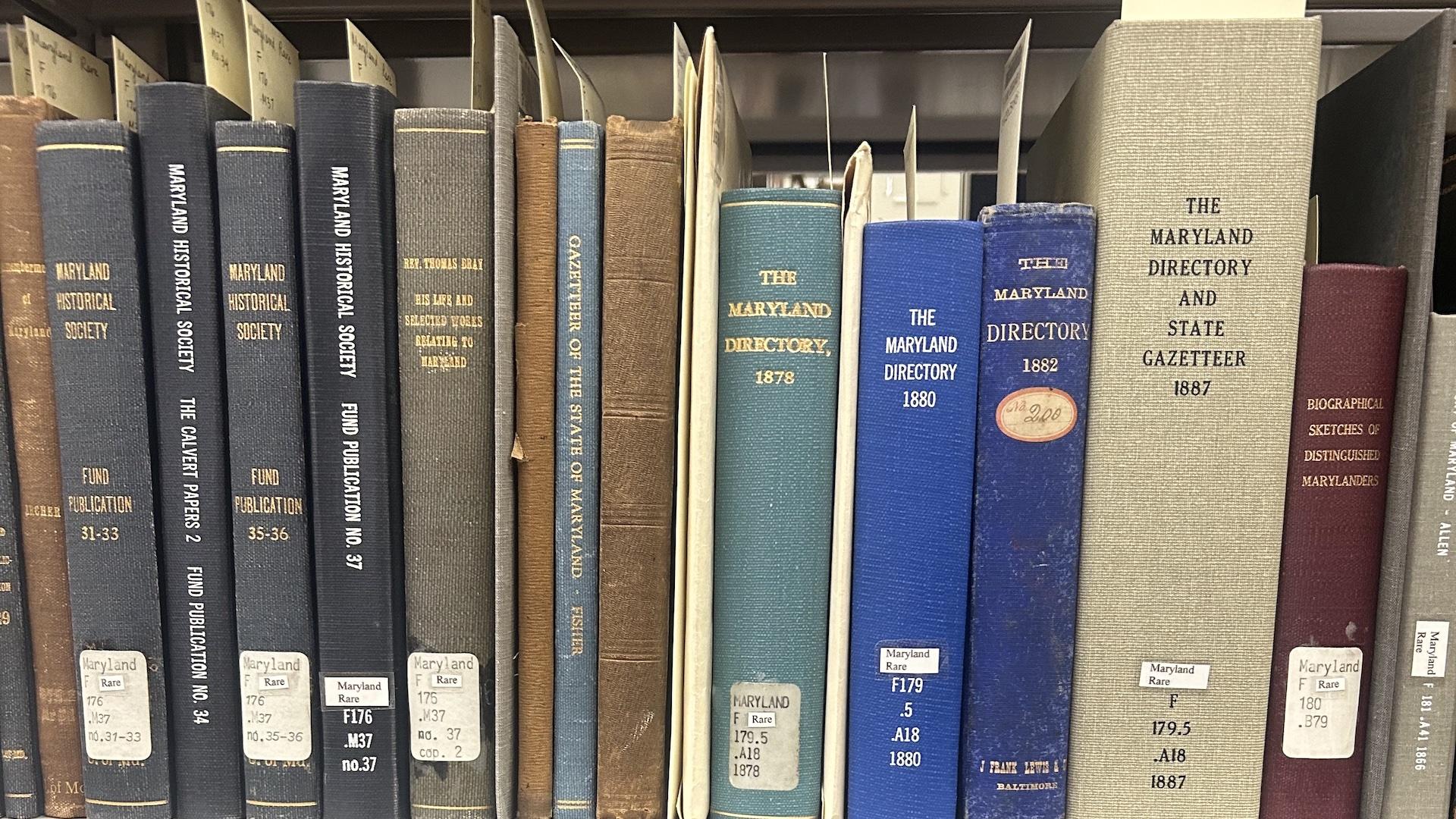 book spines of Maryland reference material