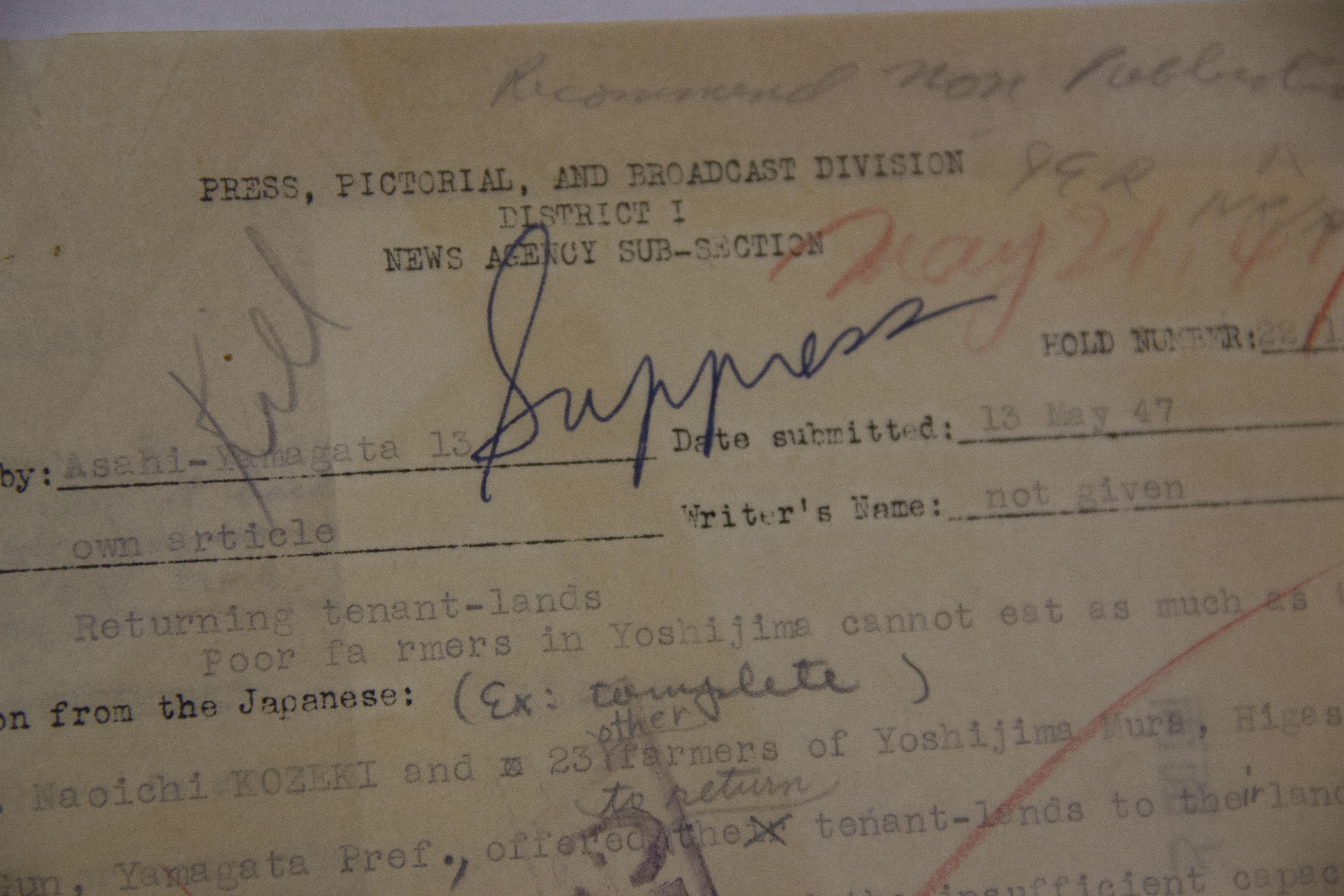 Censorship marks on a post-World War II Japanese newspaper