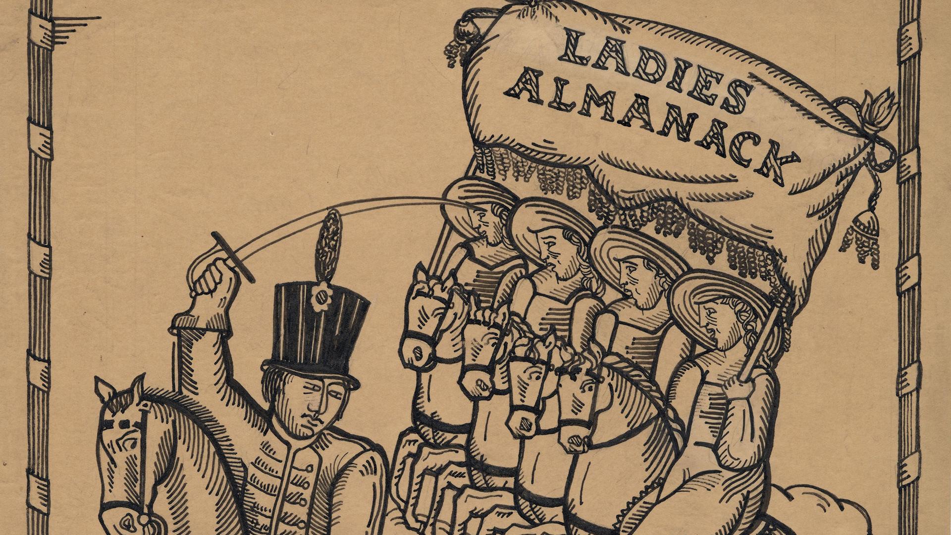 historical illustration featuring people on horseback including a man with a sword and a group of women carrying a banner reading "Ladies Almanack"