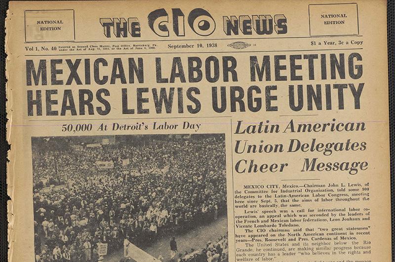 Cover of CIO news form 1939 with the headline "Mexican Labor Meeting Hears Lewis Urge Unity"