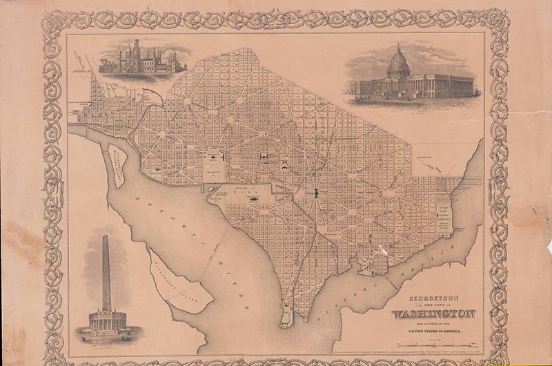 historical Maryland map with illustrations.