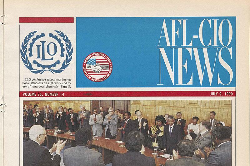 Front of AFL-CIO news, July 9, 1990, featuring group praising Nelson Mandela