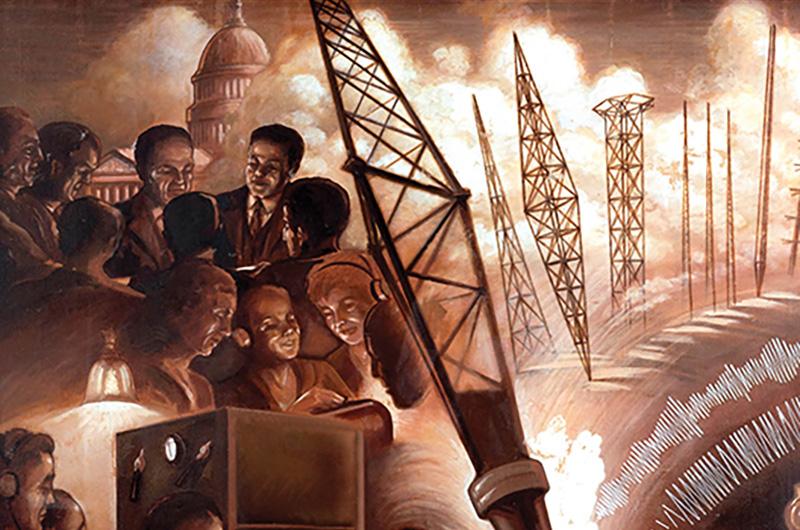 section of a poster featuring a painting of people listening to radios, broadcasting equipment,a nd sound waves