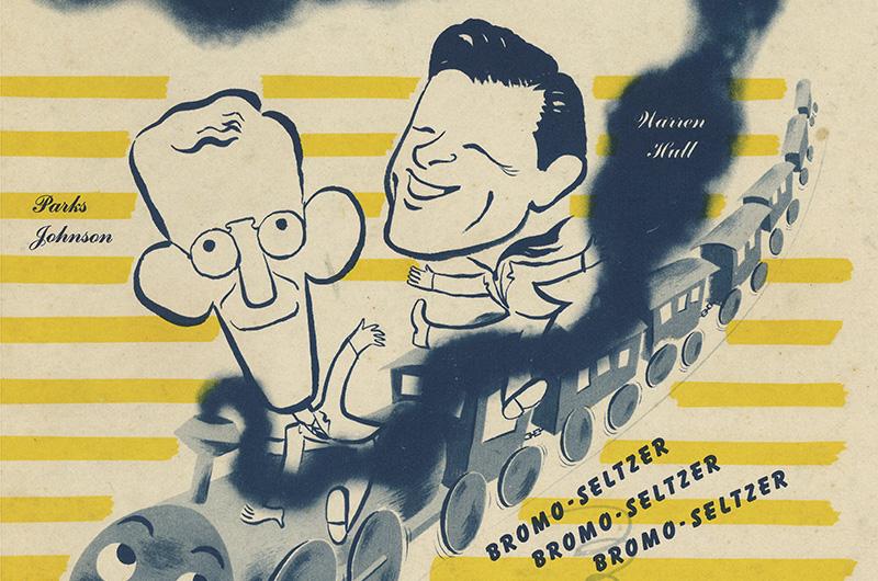 part of a cover of Vox Pop featuring a cartoon of two men on a train