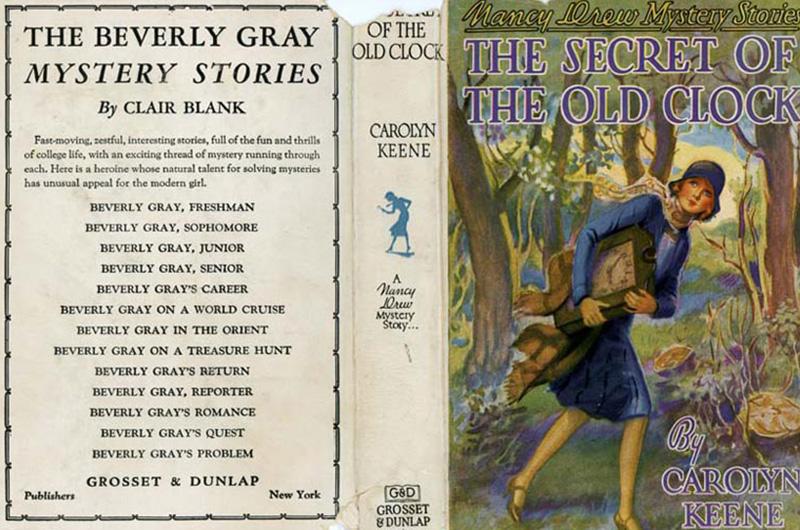 Book Jacket for an old edition of The Secret of the Old CLock featuring Nancy Drew carrying a clock