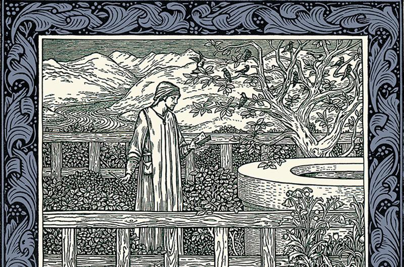 decorative print featuring a man standing outdoors near a well reading a pamphlet
