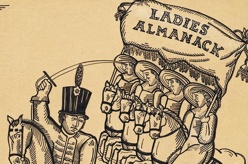 Historical print with a soldier wielding a sword at women holding a "Ladies Almanack" banner