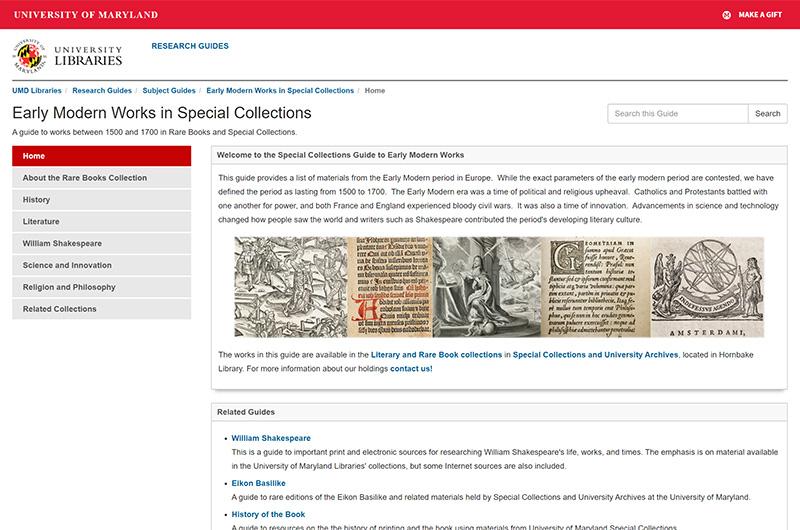 Screenshot of guide for Early Modern Works in Special Collections