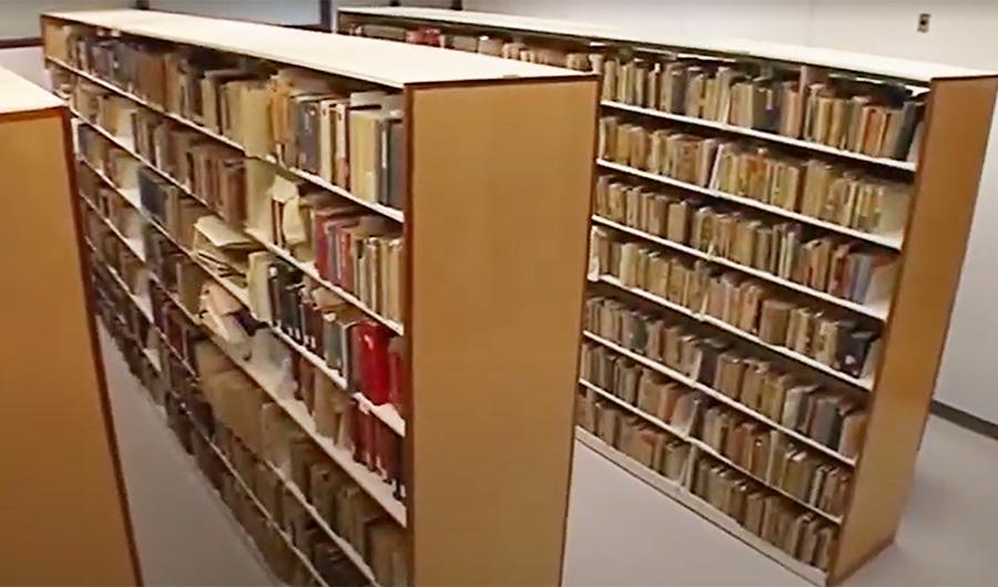 screencapture from a video showing the Prange collection shelves