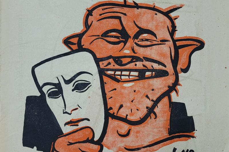 cartoon of a man with facial hair stubble and a missing tooth holding a drama mask